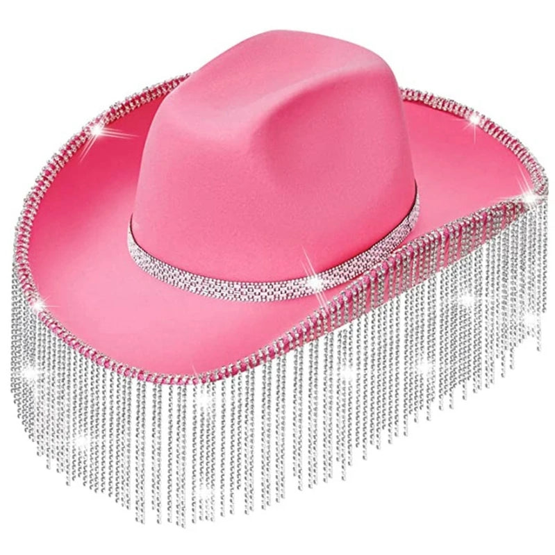 Rhinestones Cowgirl Hats Glitter Rave Cow Girl Hat with Rhinestones Fringe Adult Size Cowboy Hat for Party 3 Color Pink