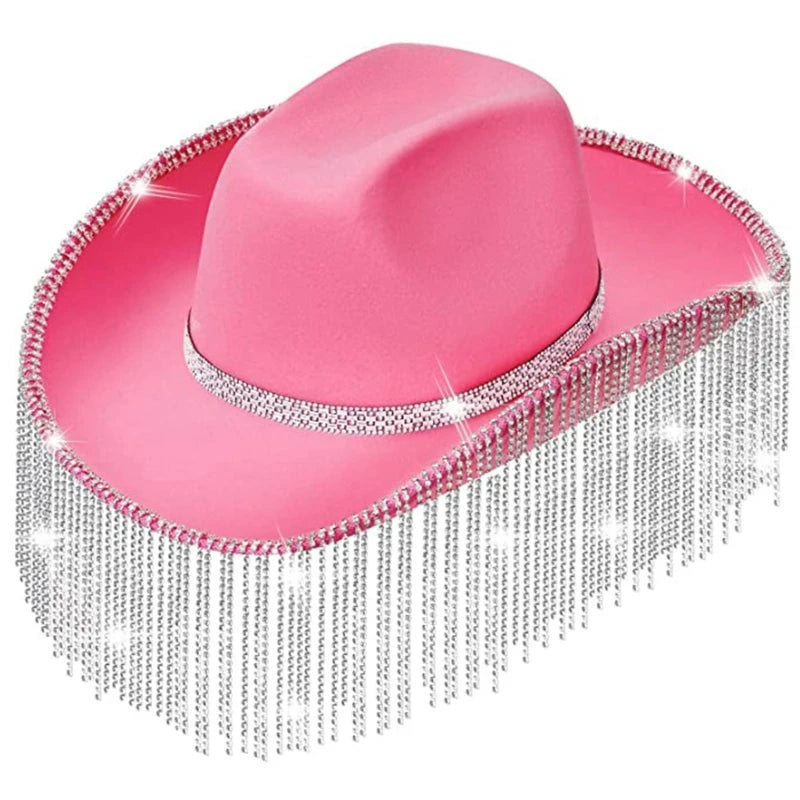 Rhinestones Cowgirl Hats Glitter Rave Cow Girl Hat with Rhinestones Fringe Adult Size Cowboy Hat for Party 3 Color Pink