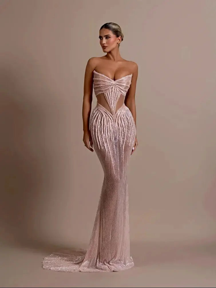 2025 New Shining Sequin Sexy Mesh See Through Strapless Ankle Length Dress Woman Evening Party Dress Celebrity Party Vestido