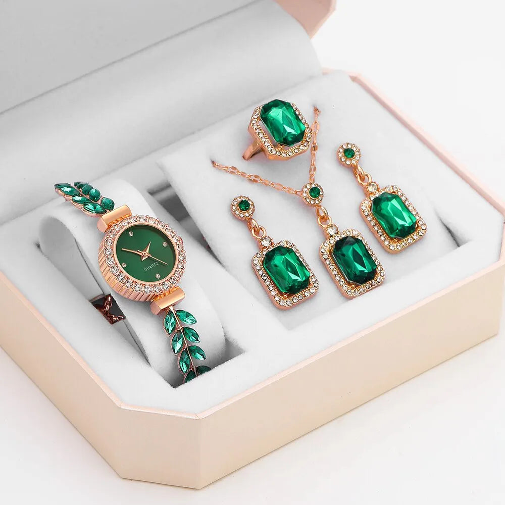 5PCS Set Luxury Leaf Watch Women Ring Necklace Earring Rhinestone Fashion Watch Casual Ladies Bracelet Watches Montre Femme