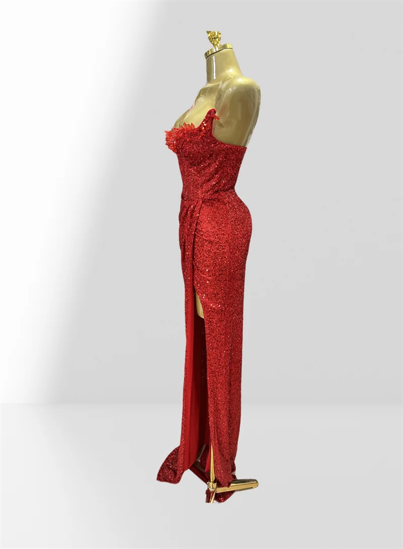 Haute Couture Red Sequins Sexy Off The Shoulder High Split Ankle Lenght Dress Woman Birthday Party Dress Celebrity Patry Outfit