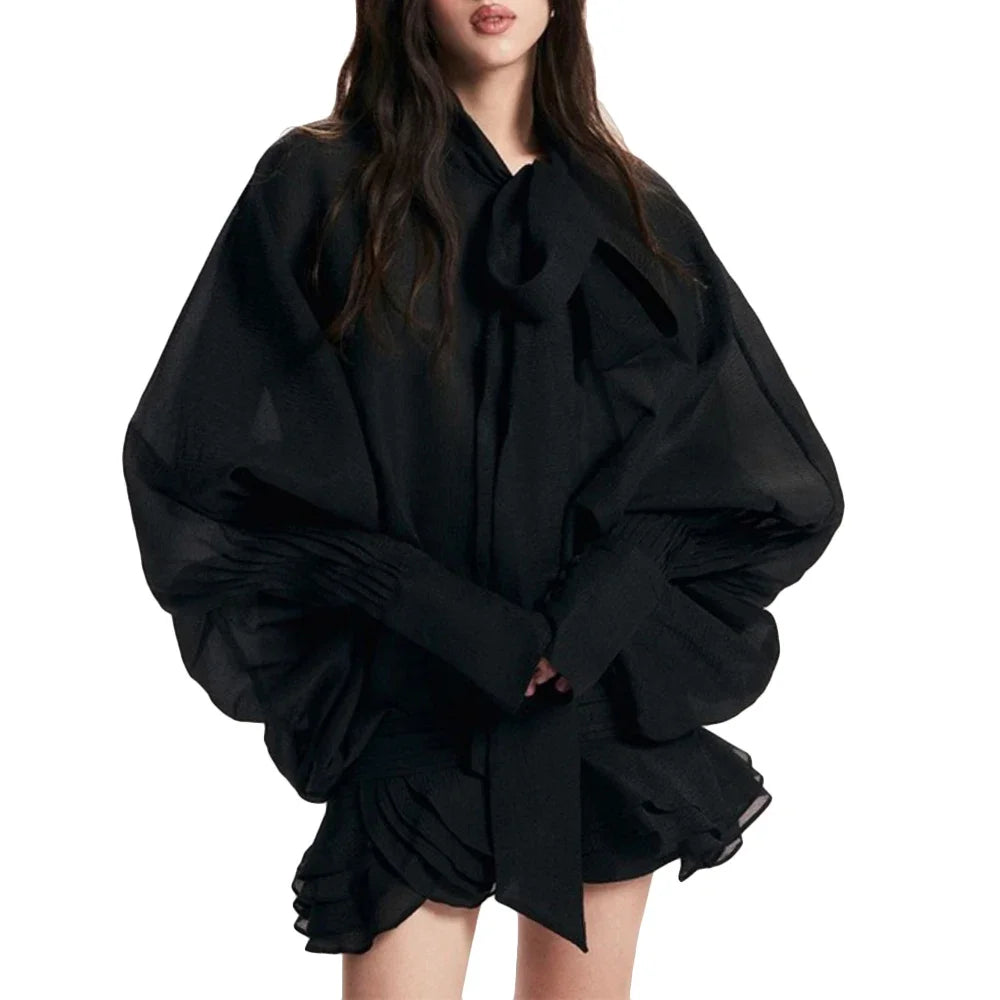 Solid Slimming Fashion Mini Dresses for Women Round Neck Long Sleeves Patchwork Lace Up Temperament Dress Female