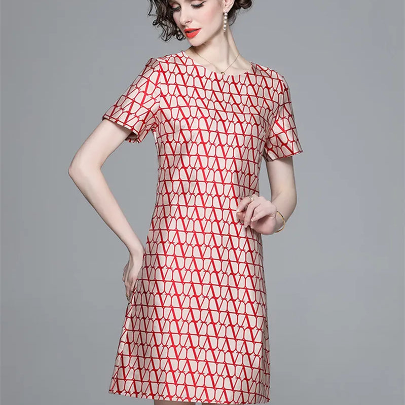 New Fashion Geometry Jacquard Short Sleeve Summer Dress Chic Elegant Temperament A-line Round Neck Dress Women Vestidos