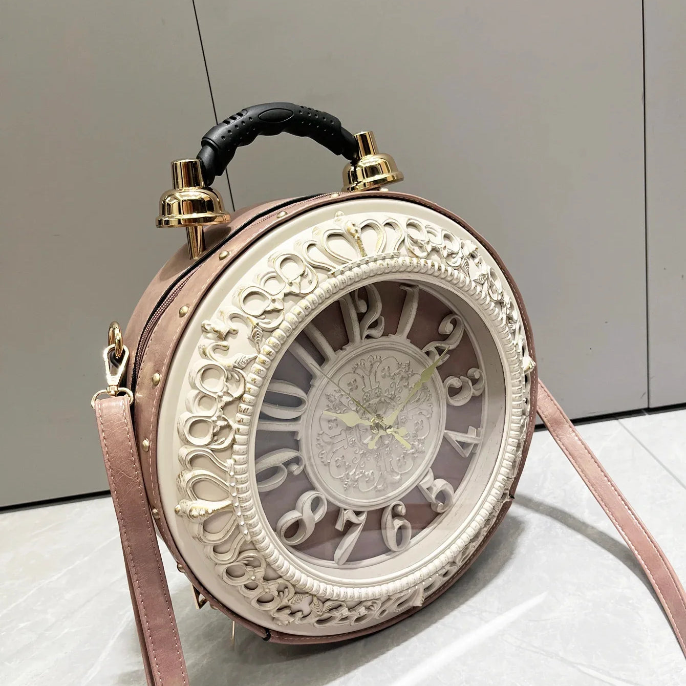 Luxury Designer Purses and Handbags Shoulder Bags funny clock-shaped bag funny Women's round bag pu leather Woman's bag Tan