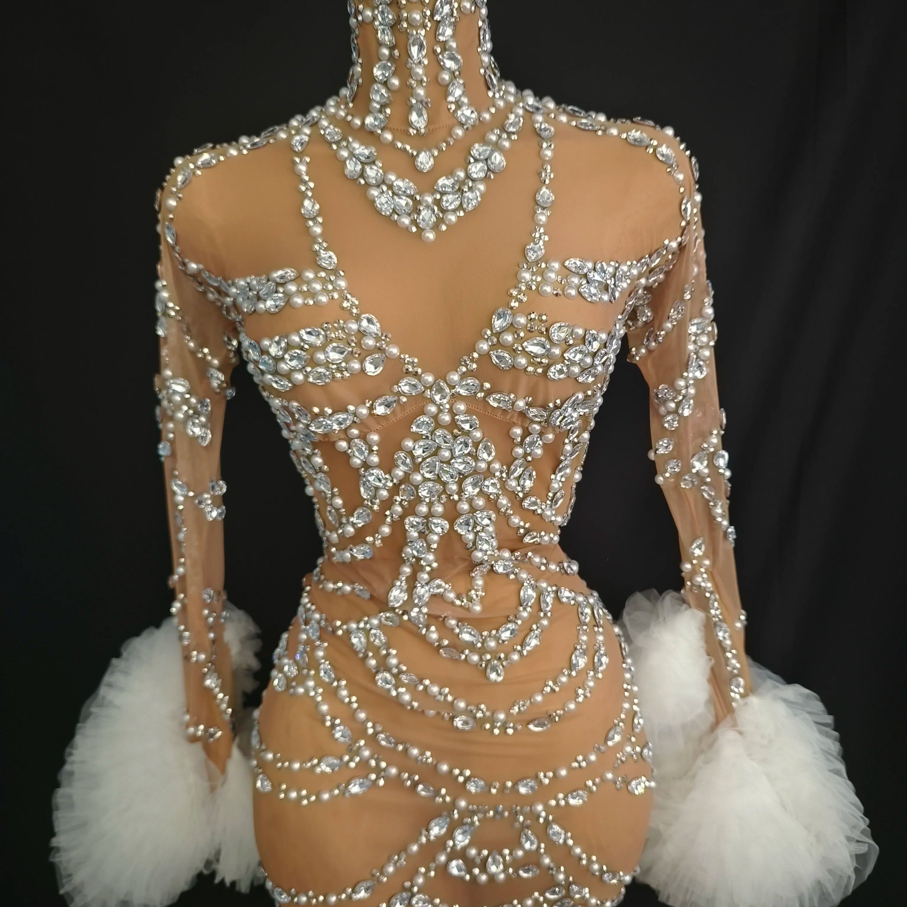 Women Sexy Mesh Nude Stretchy Long Sleeve Night Club See Through Singer Dancer tage Costume Mini Party Dress