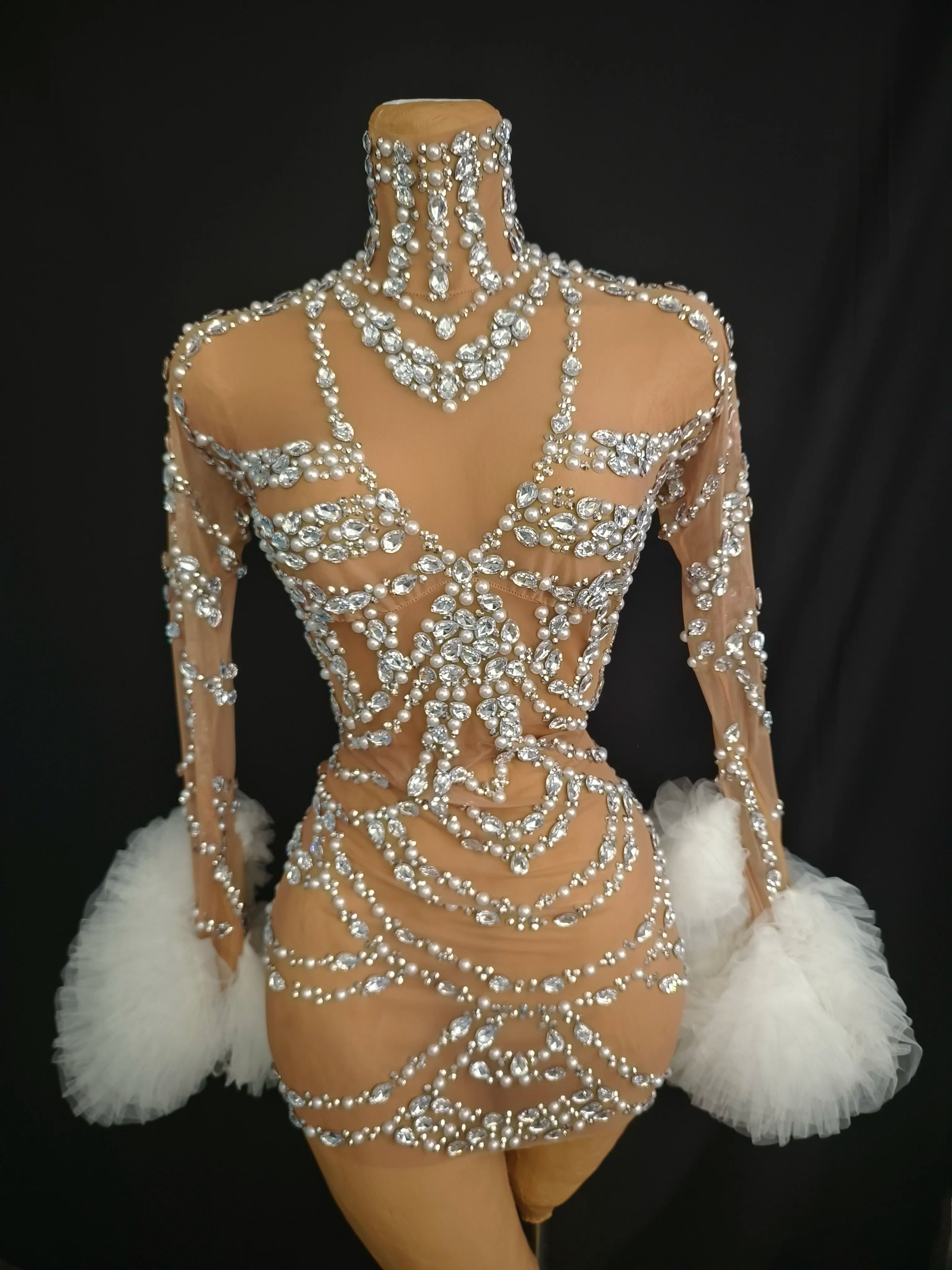 Women Sexy Mesh Nude Stretchy Long Sleeve Night Club See Through Singer Dancer tage Costume Mini Party Dress