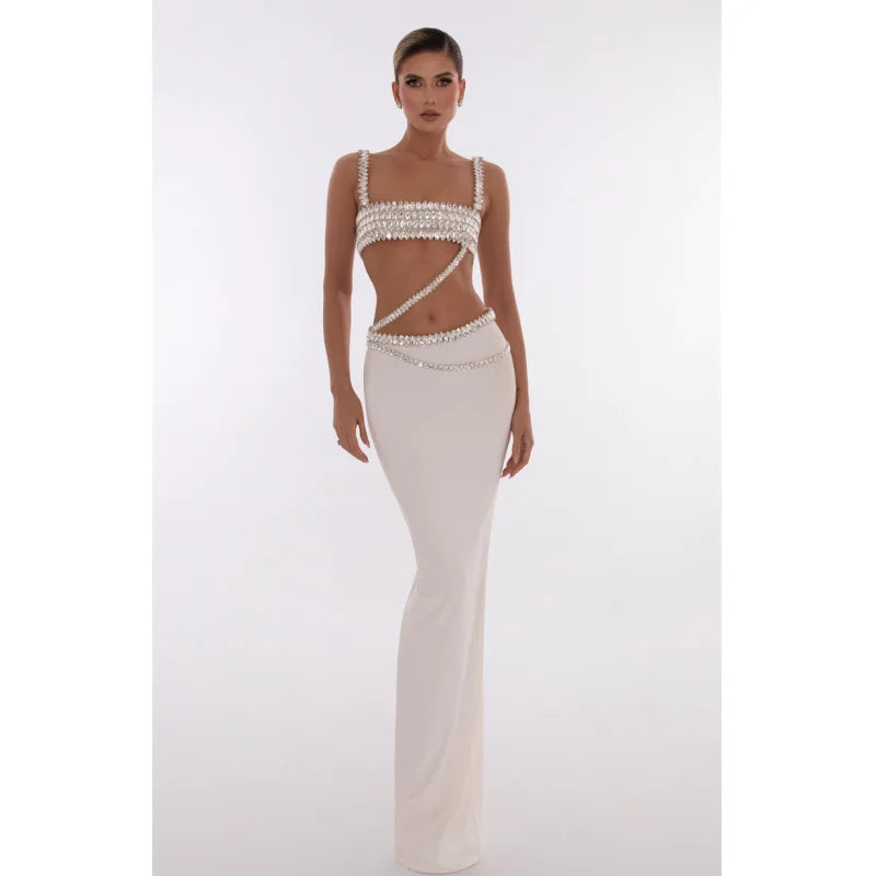 Sparkling Diamonds Woman Set Spaghetti Strap Top And Ankle Lenght Skirt  2 Pieces Evening Party Vestido Beach Vocation Outfit