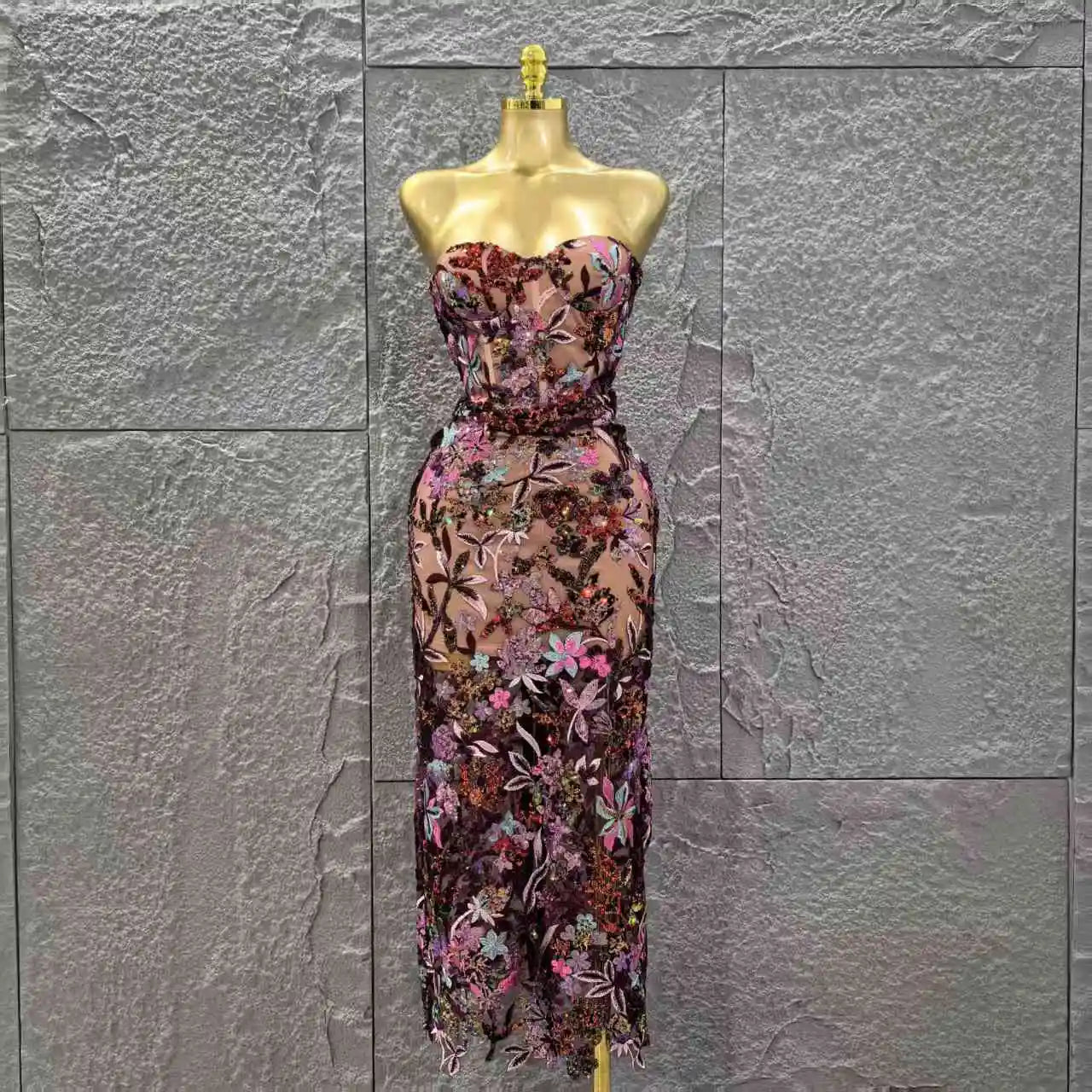 Top Quality Women Sexy Strapless Embroidery Florals Bodycon Long Dress Elegant Evening Party Cocktail Fashion Girls' Outfit