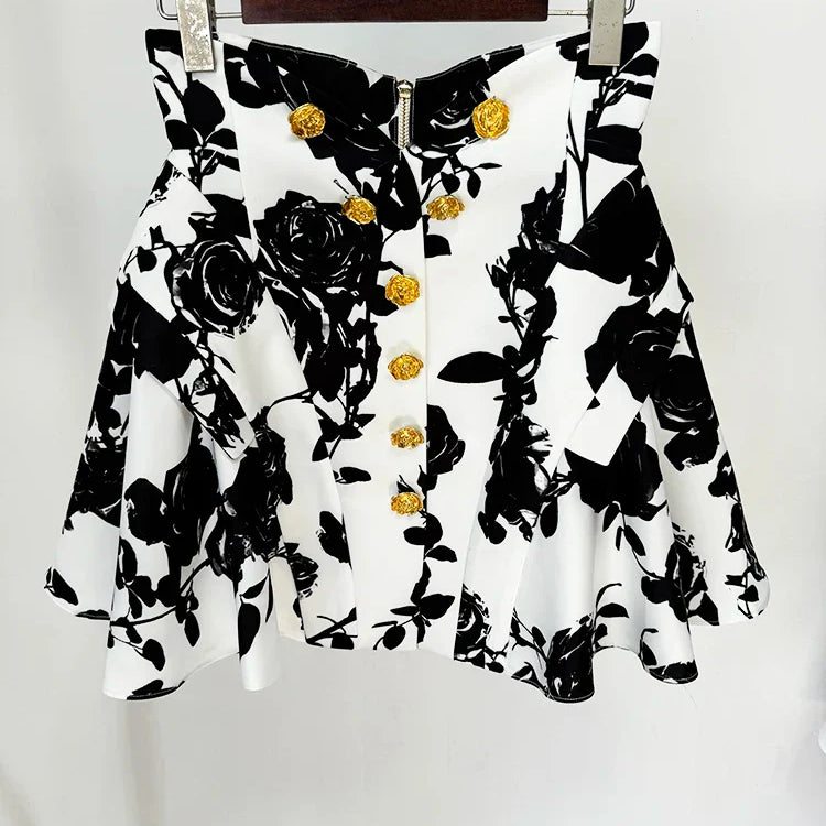HIGH STREET Newest Runway Designer Fashion Women's Metal Rose Buttons Printed Floral Mini Skirt black white