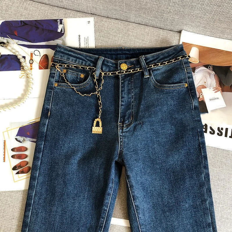 Gold Metal Button Jeans Women's High Waist Loose Slim Chain Lock Belt Pants Pure Cotton Wool Solid Color Elastic Beige Luxury 24