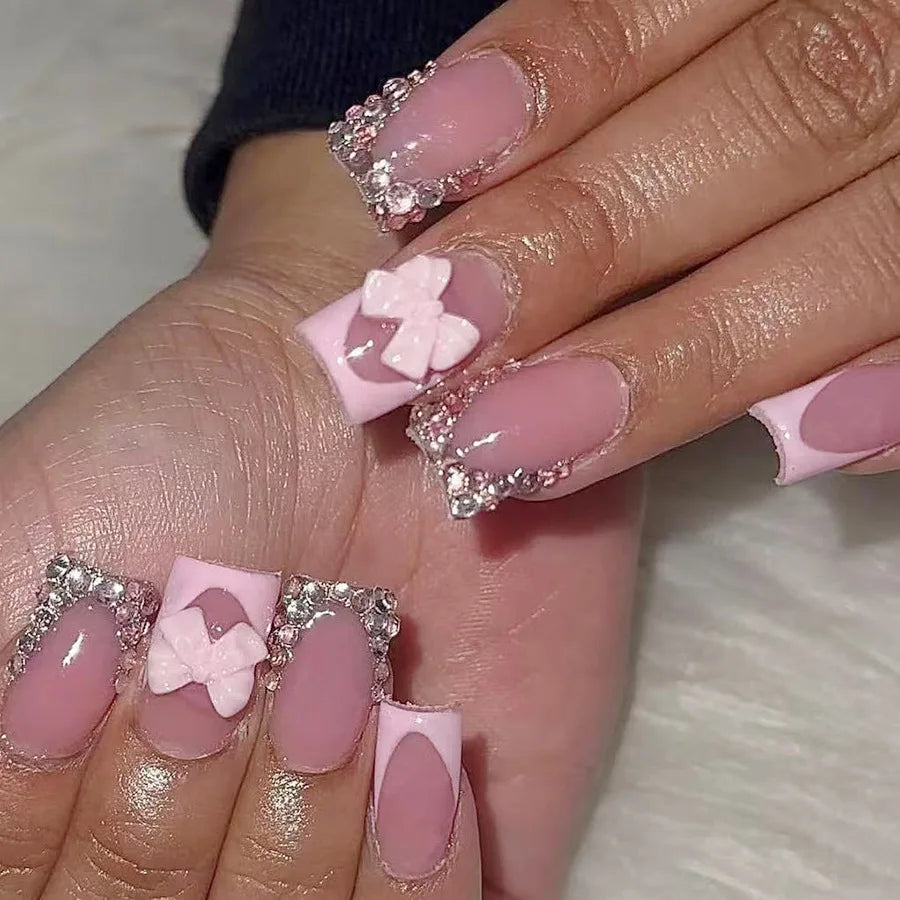 24pcs/set Short Medium fake nails for women girls 3D cute pink bow flowers leopard french square almond tips press on false nail