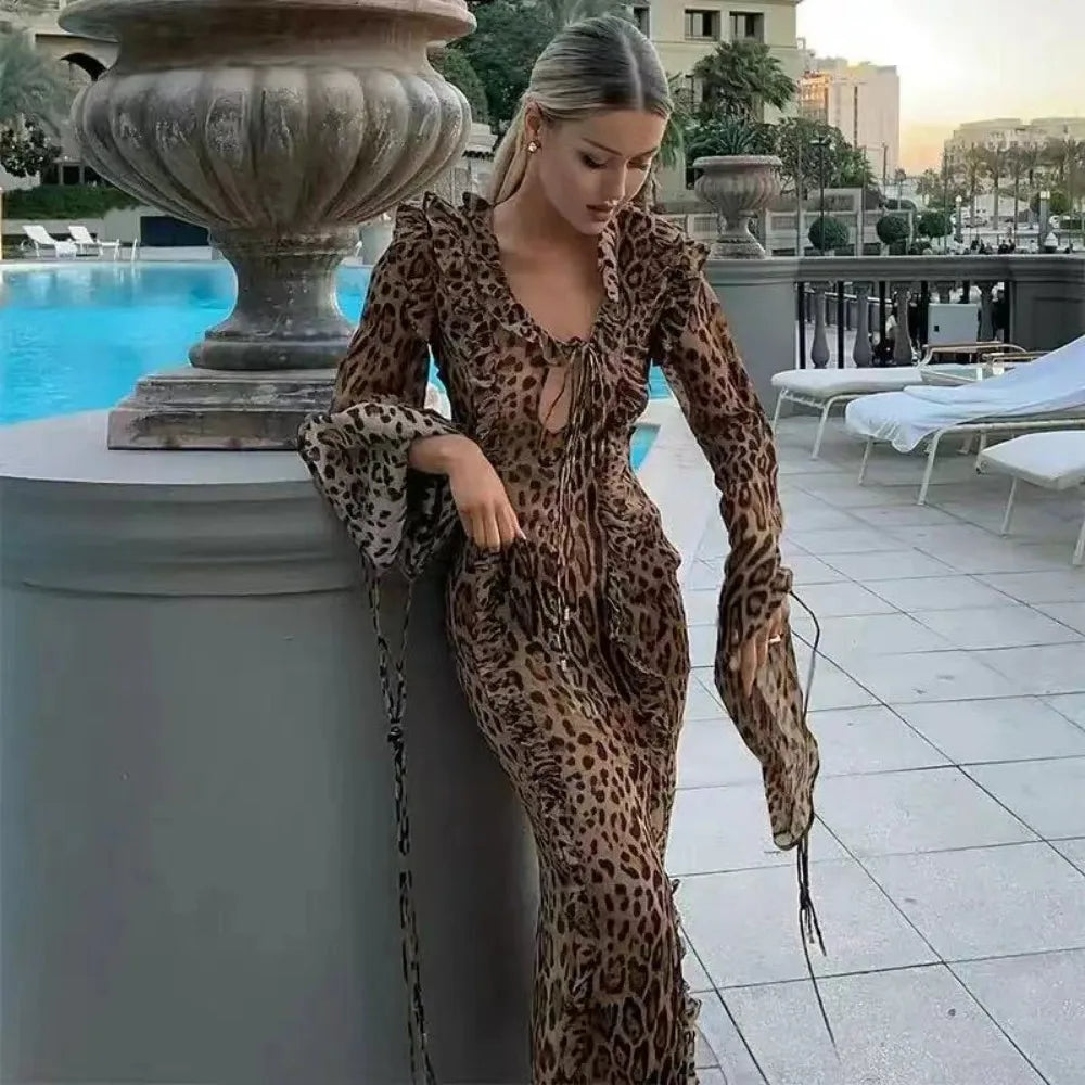 Leopard Print Beach Dress Women Fashion Ruffle Lace Up Slim Long Dresses Sexy Chiffon Split Holiday Party Dress Summer