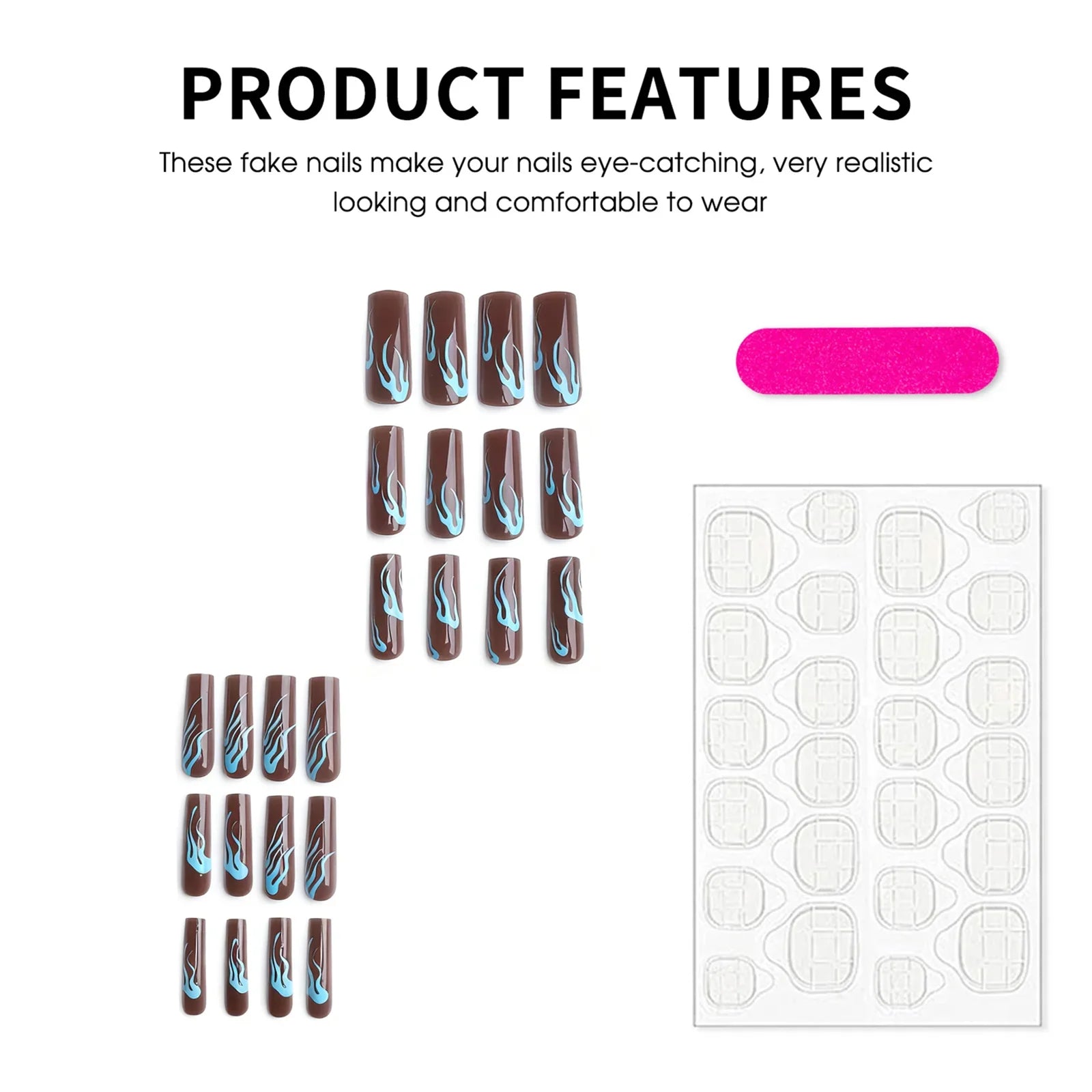 Autumn Coffee Long Coffin False Nails with Blue Flame Pattern Acrylic Press On Nails Full Cover Stick-on Fake Nails 24Pcs