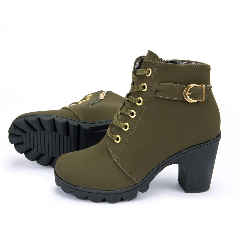 Spring Winter Women Pumps Boots Lace-up European Ladies Shoes PU High Heels Boots green