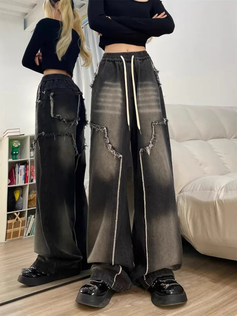 Autumn Winter New Straight Tube Women's Jeans American Retro Baggy Jeans Ladies Black Raw Edge Straight Tube Pants for Women Blue