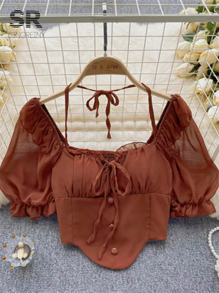 Flare Sleeve Women Tops Ruffle Solid Elastic Waist Halter Backless Chiffon Slim Ladies Harajuku Sexy Short Blouse short brown One Size