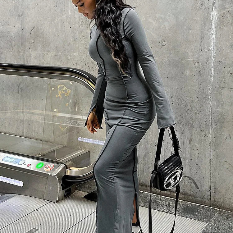 Casual Hooded Maxi Dresses Women Long Sleeve Back Split Sheath Slim Bag Hip Bodycon Robe Lady Office Lady Streetwear