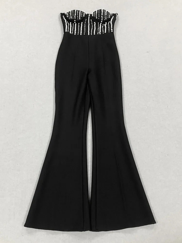 Macacão feminino luxuoso, sexy, sem alças, com pérolas e bandagem, estilo celebridade, designer de rua, 2025