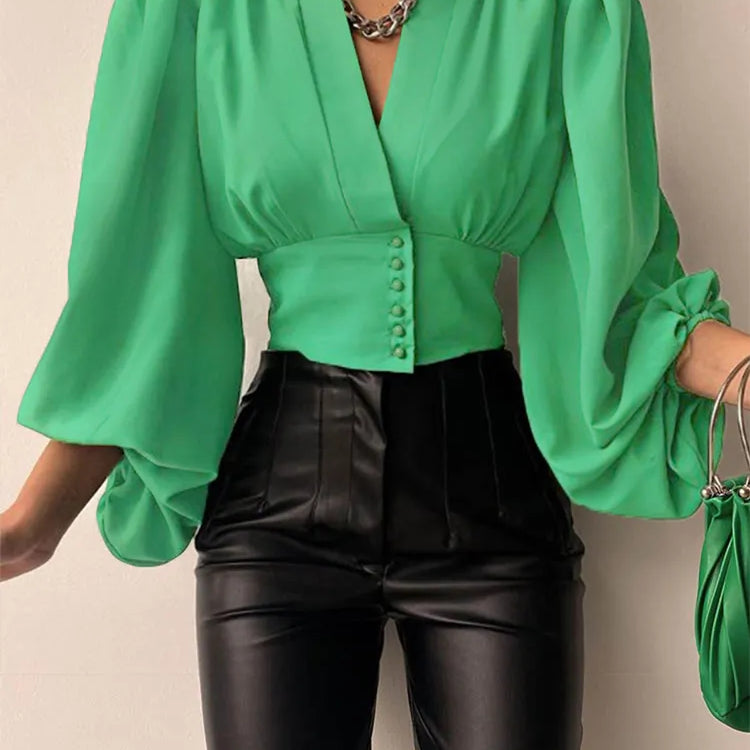 Vintage Blouses for Women Fashion Lantern Long Sleeve Buttons Front Crop Tops Sexy V-neck Shirts French Party Blusas A-Green