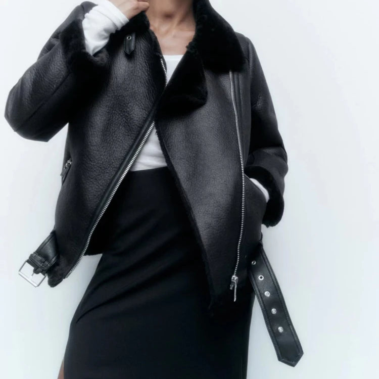 Women Fall Winter New Fur Integrated Thermal Jacket Coat Faux Leather Long-sleeved Lapel Padded Warm Chic Female Outerwear