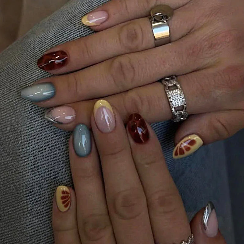 24pcs Leopard Print French Fake Nails Tips Yellow Short Oval False Nail Art Wearable Flower Almond Press on Nails Sets Finished