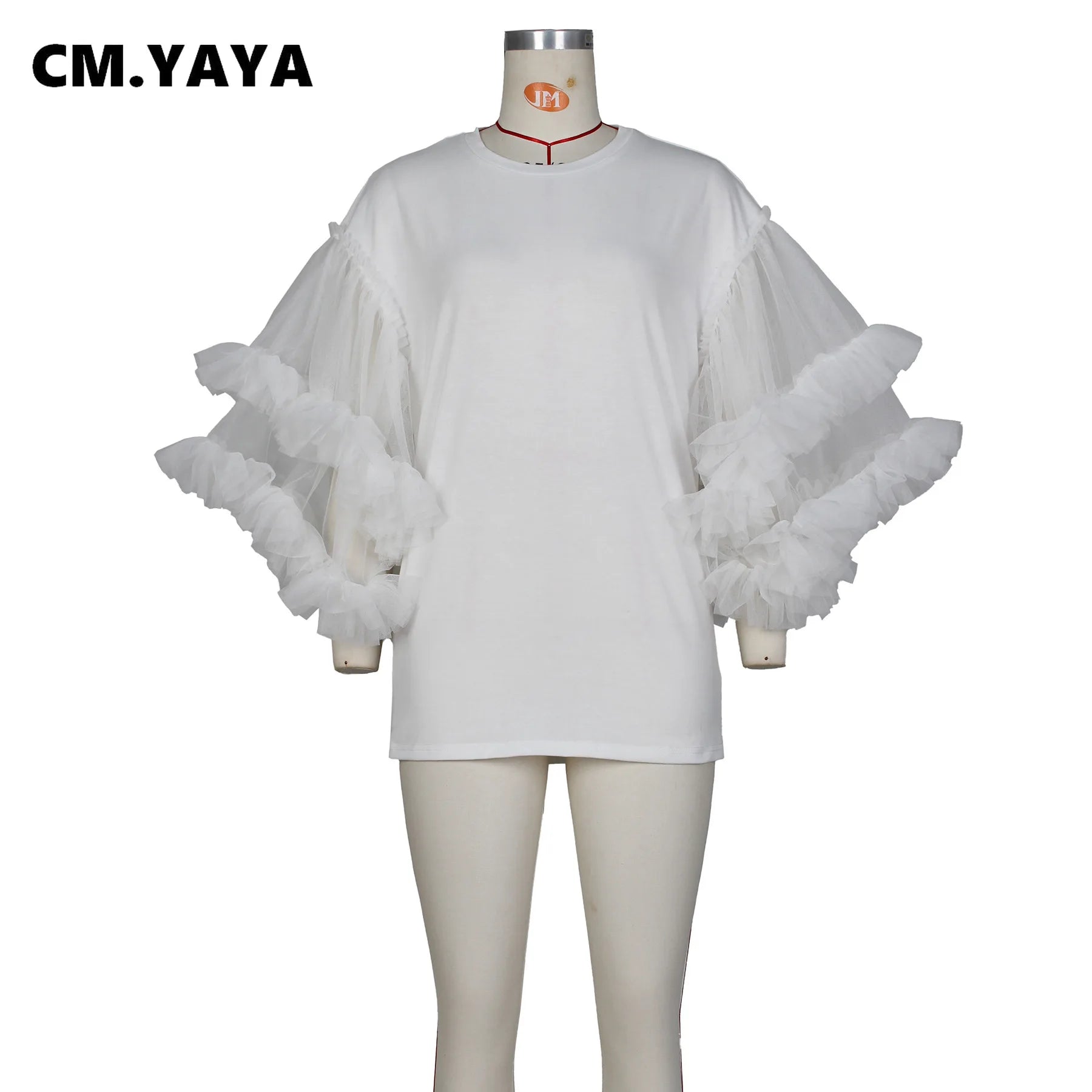 CM.YAYA Women Mesh Ruffles Flare Long Sleeve Patchwork O-neck T-shirt Style Dress 2023 Street Fashion Vestidos Evening Dresses