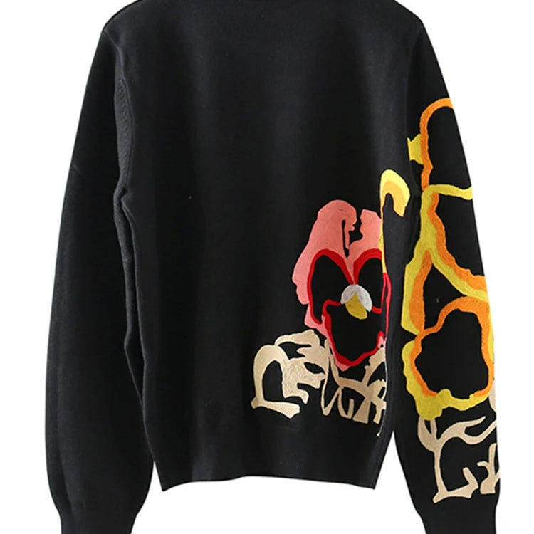 Black Floral Embroidery Pullover Women Boho Long Sleeve O Neck Autumn Winter Jumper Top Loose Knitted Sweaters