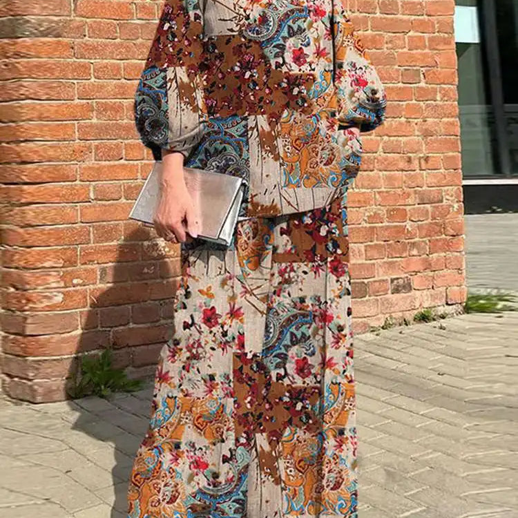 Plus Size ZANZEA Bohemian Matching Sets Casual Printed 2pcs Suits 2023 Women 3/4 Sleeve Tops Tracksuit Autumn Wide Leg Pant Sets