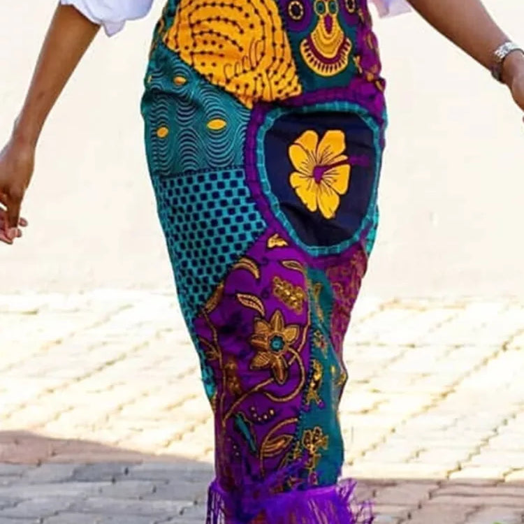 Wanita musim panas cetak rok vintage bunga Afrika fashion tinggi rumbai pinggang berkelas retro elegan jupes falads drop pengiriman