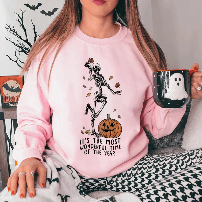 Halloween Skeleton & Pumpkin Print Sweatshirts Casual Long Sleeve Crew Neck Sweatshirt Women's Plus Size Clothing Pink
