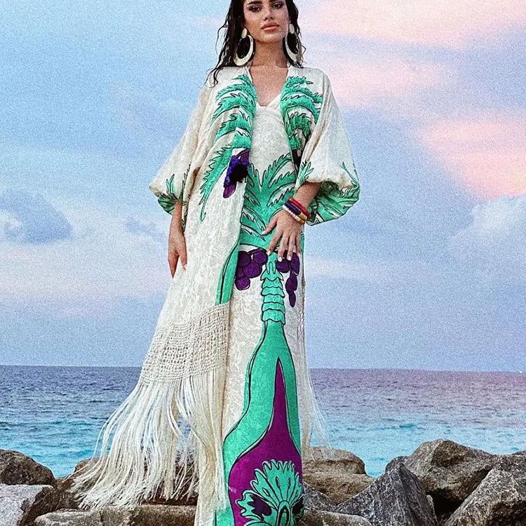 Fashion Spring Print V Neck Contrast Maxi Dress Women Chic Slim Fit Long Sleeve Vestidos Lady Elegant Vacation Streetwear