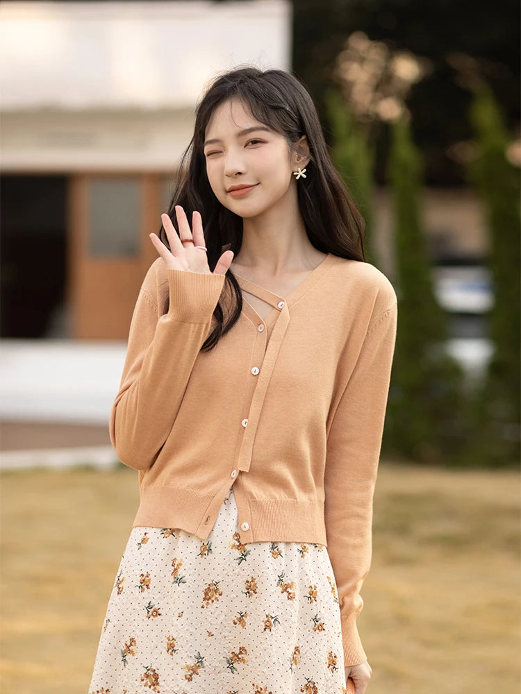 Sweater for Women Spring Long Sleeve New Elegant Fashion Knitted Shirts Female Cardigans Light Orange F