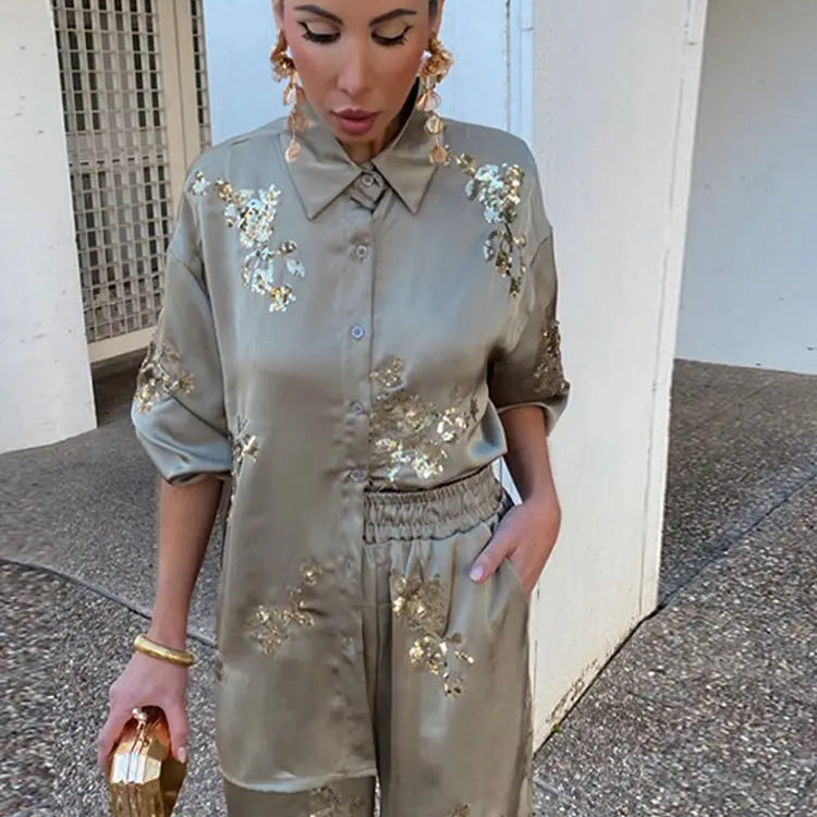 Fashion Print Sequin Shirt 2 Piece Sets For Women Loose Lapel Long Sleeves Top Wide Leg Pants Suits Lady Elegant Outfits