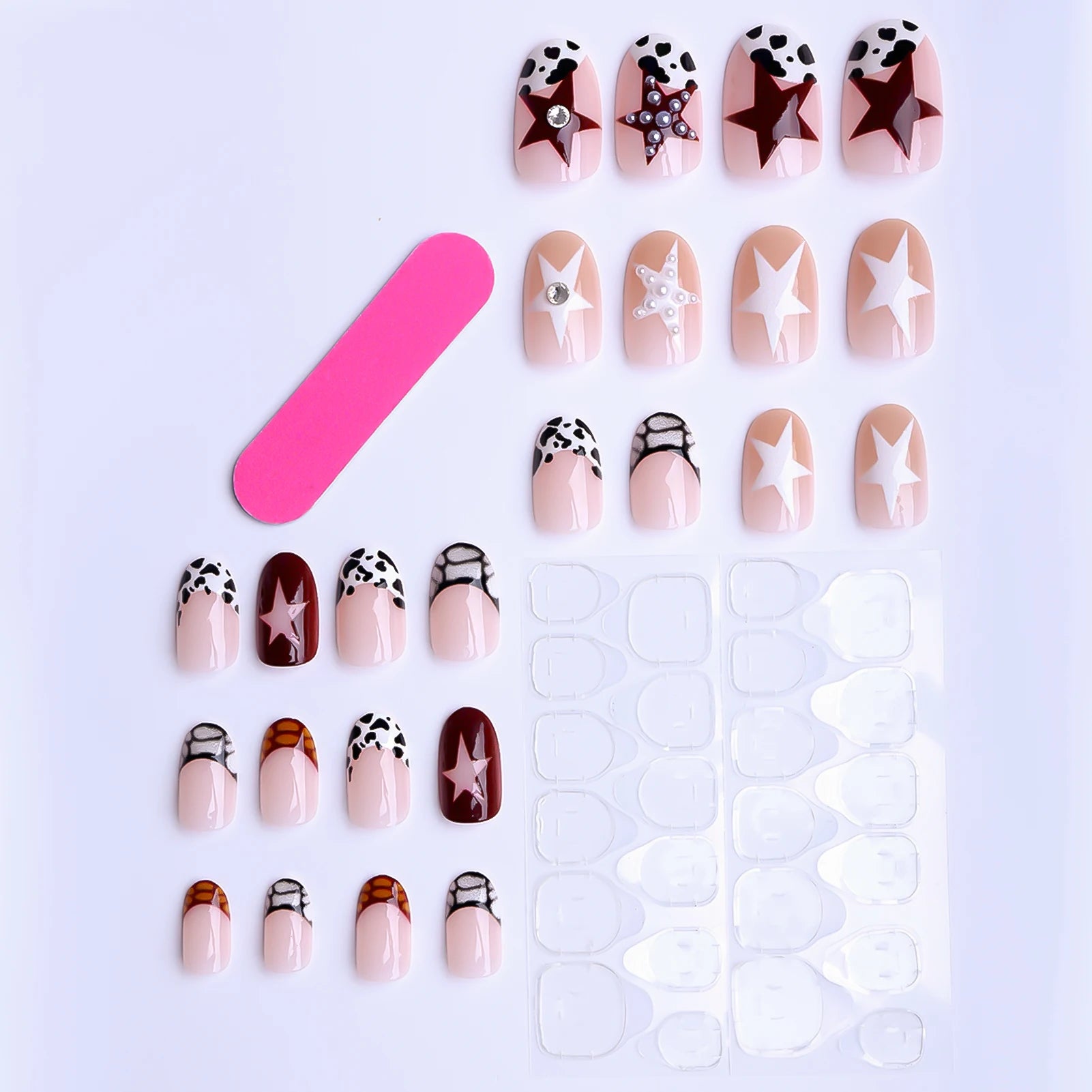 24Pcs Short Oval Shaped Press On Nails, Y2K Girls French Fake Nails Star Printed, Full Cover Wearable False Nails Pearls Decor