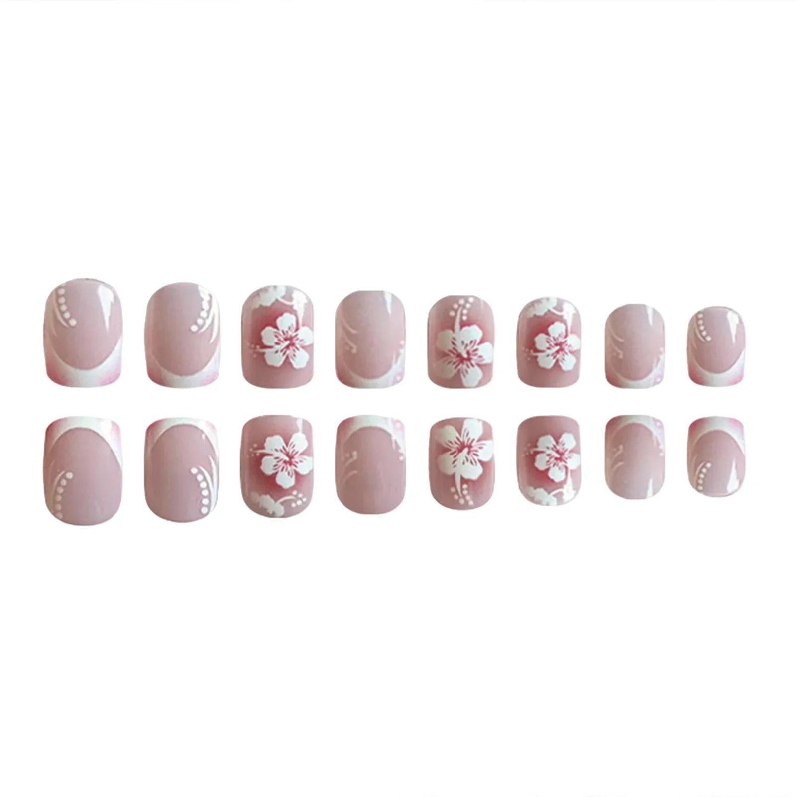 White French Fake Nails with Flower Printed 24Pcs Blush Pink Press On Nails Short Square False Nails Tips DIY Charm Manicure