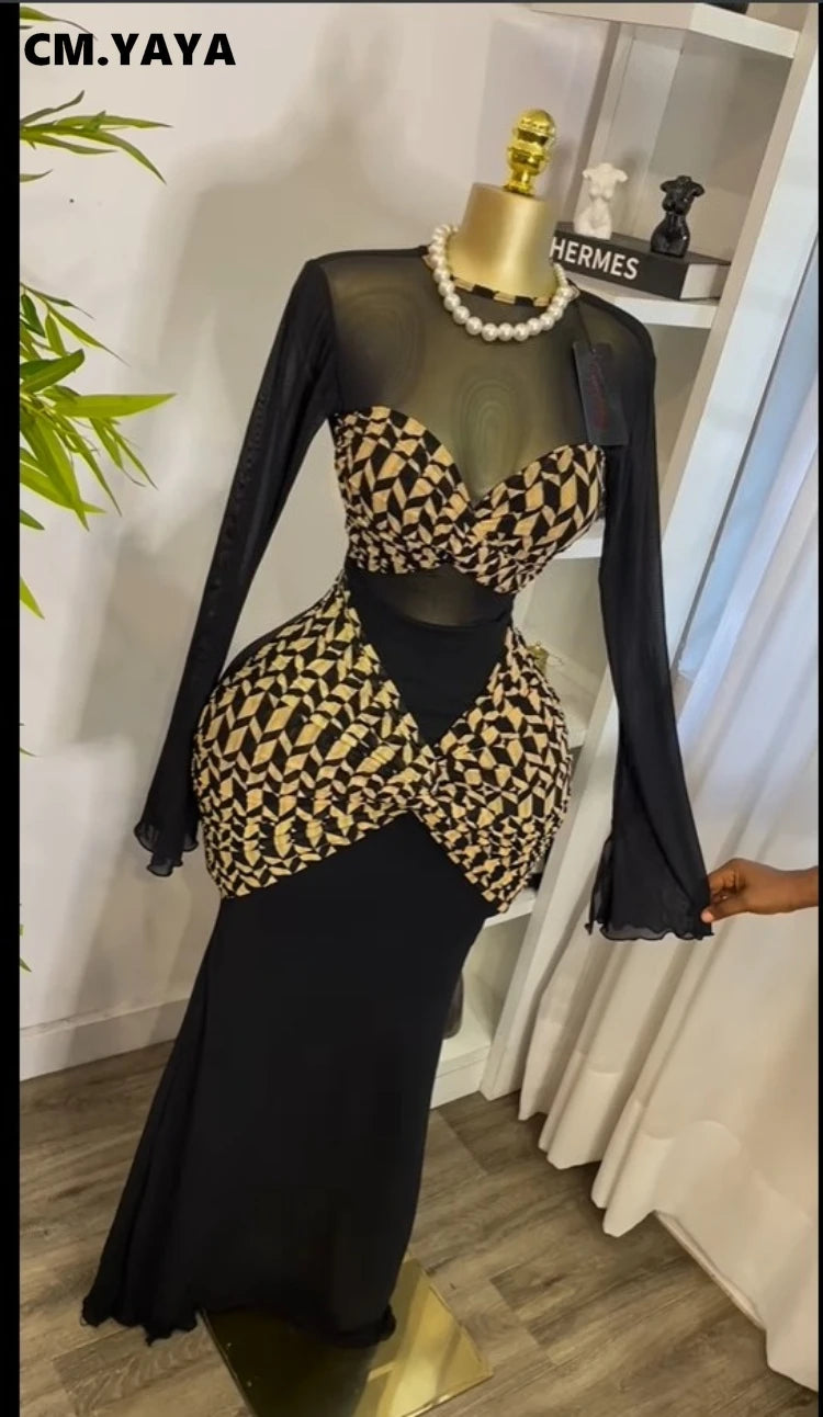 CM.YAYA Women Houndstooth Printed Long Sleeve Draped Ruched Bodycon Midi Mini Dress 2025 Vacation Sexy Party Evening Dresses