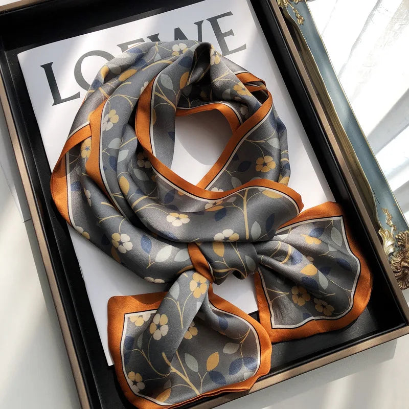 100% Natural Silk Scarf Women Printed Real Silk Long Ribbon Decoration Neckerchief Ladies Bandana Hair Scarf Femme Headscarf Silk Ribbon Scarf 9 150X16CM
