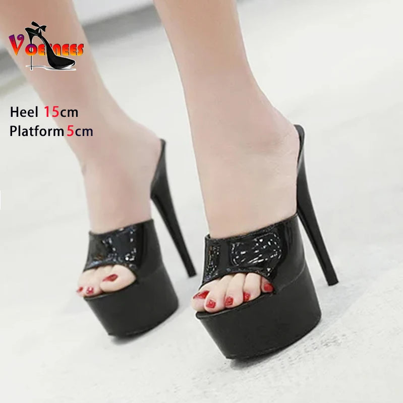Patent Leather Women Shoes Thin Heels Sexy Waterproof Platform High Heels Sandals Female Summer Slip On Slippers Size 43