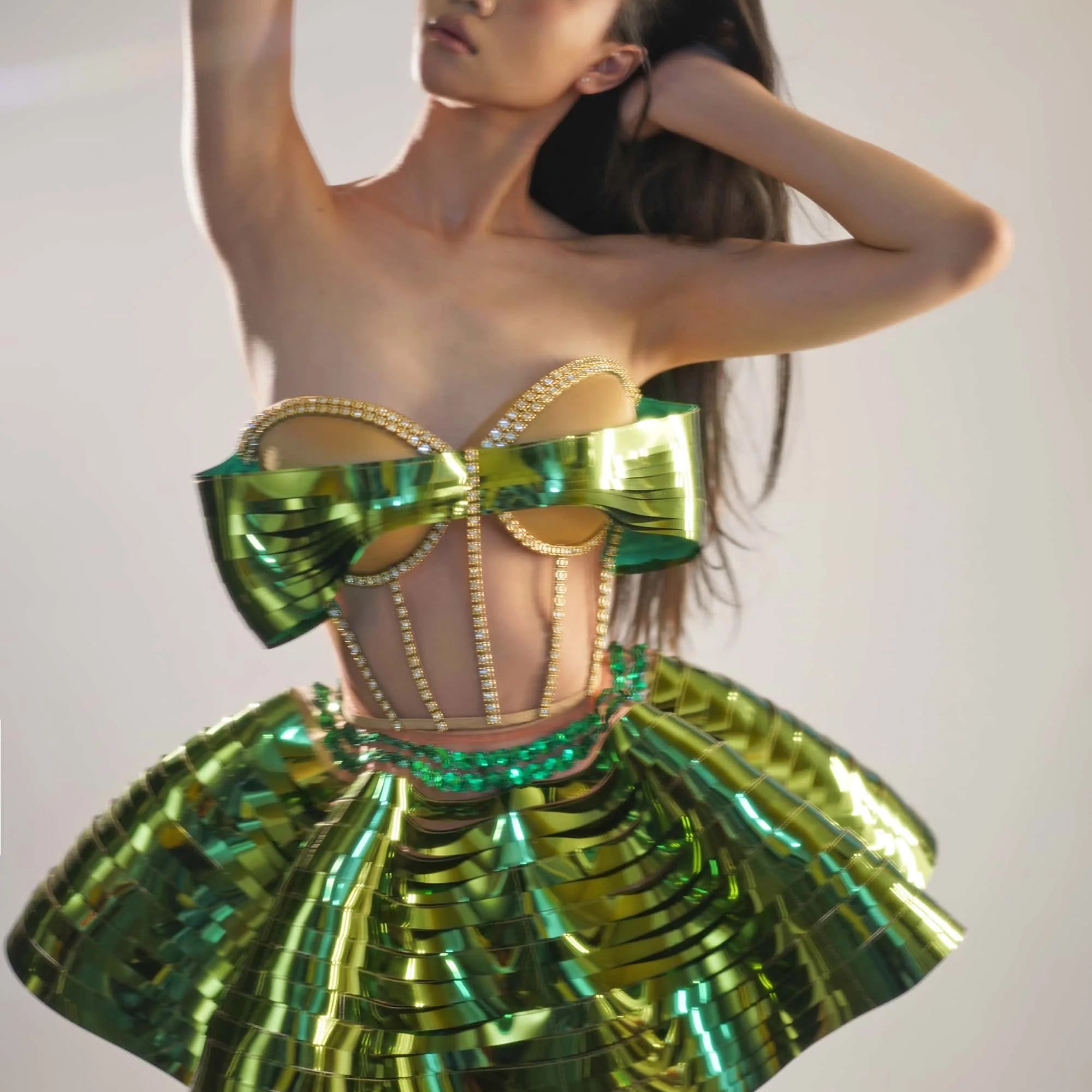 Special Design 2Piece Backless Bandage Mini Dress Set Dance Stage Outfit Sexy Party Performance Sequins Crystals Costume Feidie