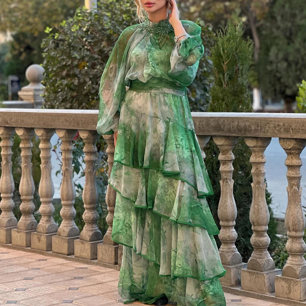 TWOTWINSTYLE Hit Color Sheer Spliced 3D Flower Dresses for Women Round Neck Long Sleeves Patchwork Ruffles Folds Dress Female