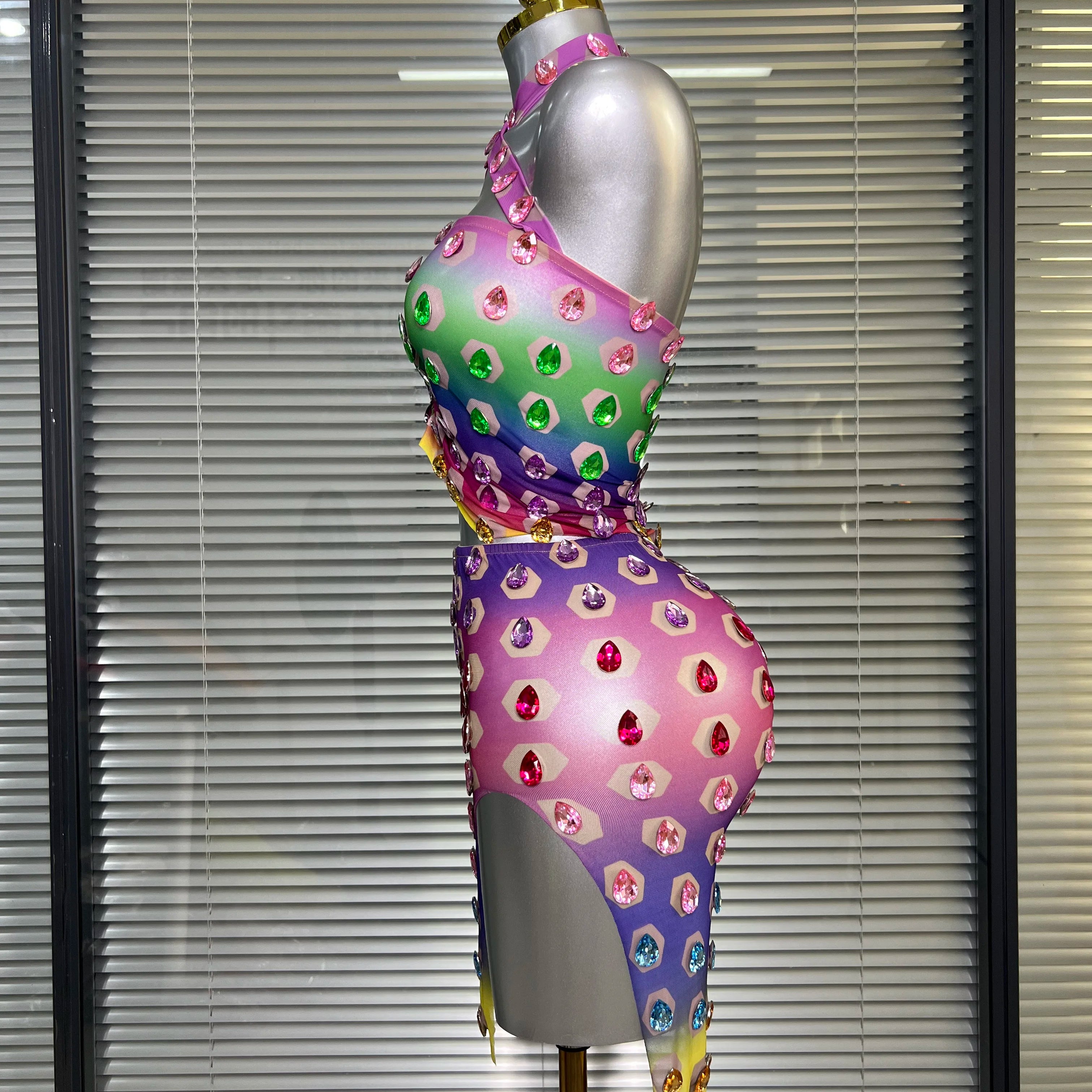 Women Sexy Two Pieces Set Women Crystal Diamond Night Club Halter Skirt Suits Singer Dancer See Through Stretchy Stage Costume