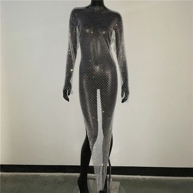 Y2K Sexy Shiny Rhinestones Grid Fishnet Dress Long Sleeve Hollow Out Side Slit Dress Beach Cover Up Breathable Lady Vestidos White Split One Size