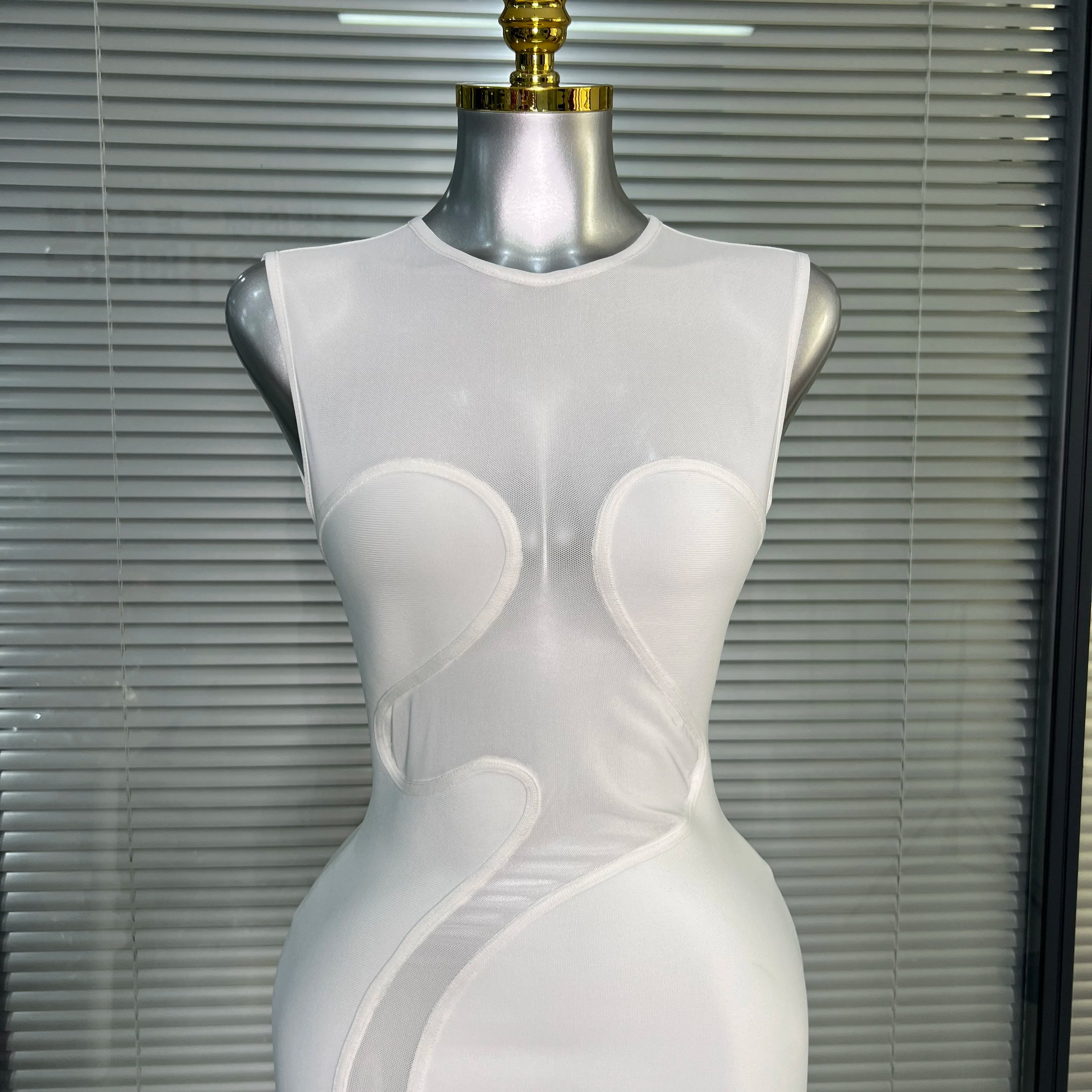 Summer New 2025 Women Black White Long Bodycon Bandage Dress Knitted Mesh Tank Evening Party Dress Vestido