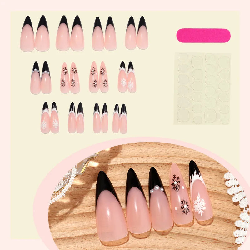 Long Stiletto Black French Fake Nails for Women Christmas Party Nude Color Press On Nails Black/White Snowflake Printed Nail Art