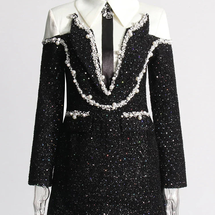 TWOTWINSTYLE Colorblock Patchwork Sequins Dress For Women Lapel Long Sleeve High Waist Spliced Pearls Elegant Dresses Female New Black