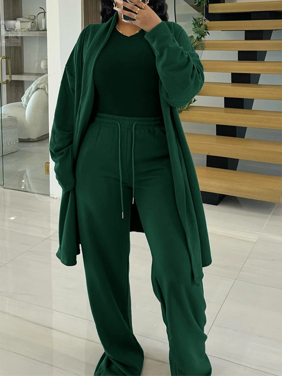 LW Plus Size Two pieces sets High Waist Drawstring Pants Set Autumn long sleeve solid long coat Top + loose trousers casual suit