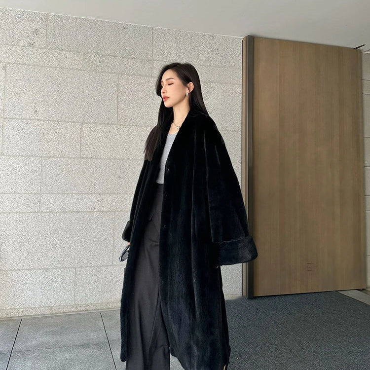 Lautaro Autumn Winter Long Luxury Elegant Chic Soft Thick Warm Brown Hairy Faux Mink Fur Coat Women V Neck Fluffy Overcoat 2024 Black