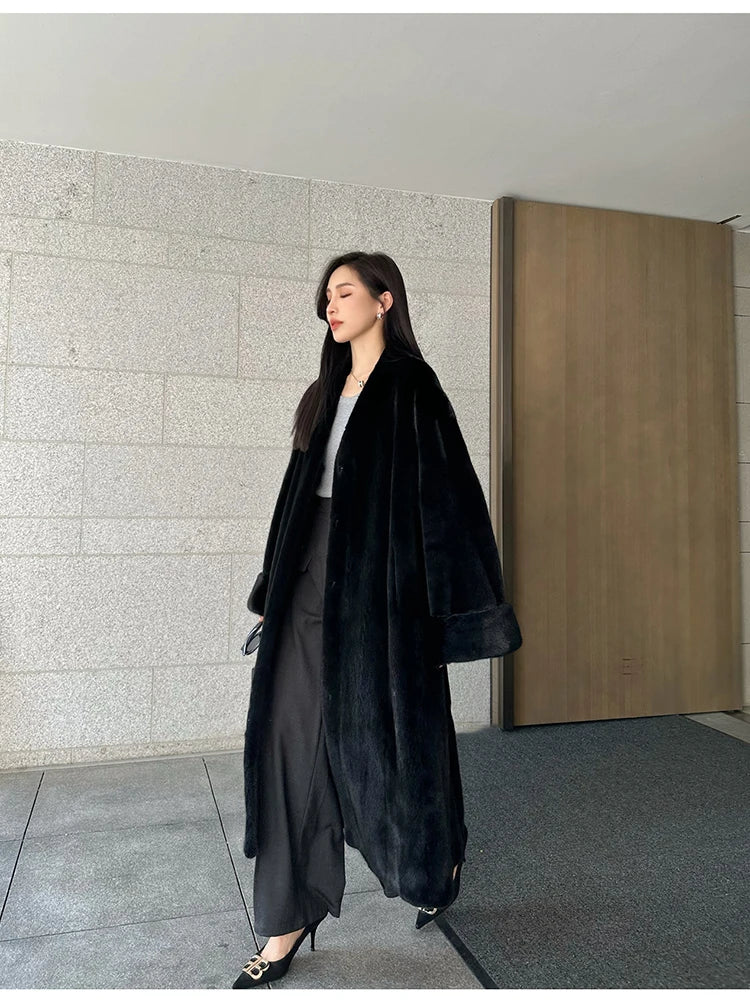 Lautaro Autumn Winter Long Luxury Elegant Chic Soft Thick Warm Brown Hairy Faux Mink Fur Coat Women V Neck Fluffy Overcoat 2024 Black