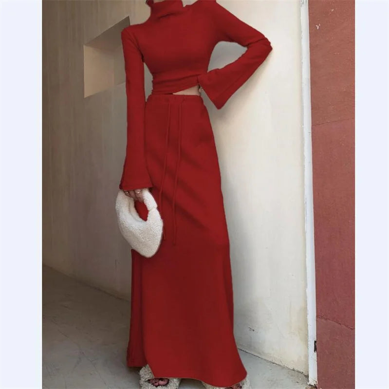 New Year's Red Robe Retro Women Girl Half High Neck Top and High Waist Long Skirt Two Piece Set Autumn Dress Sets Red