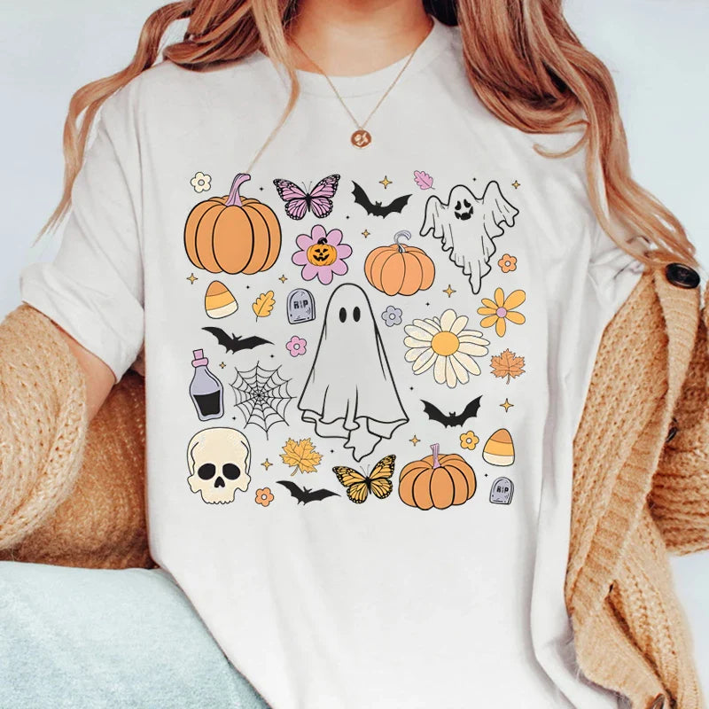 Ghost Print T-shirt, Halloween T-shirt, Short Sleeve Crew Neck Leisure T-shirt For Spring & Summer, Women's Clothing WHITE